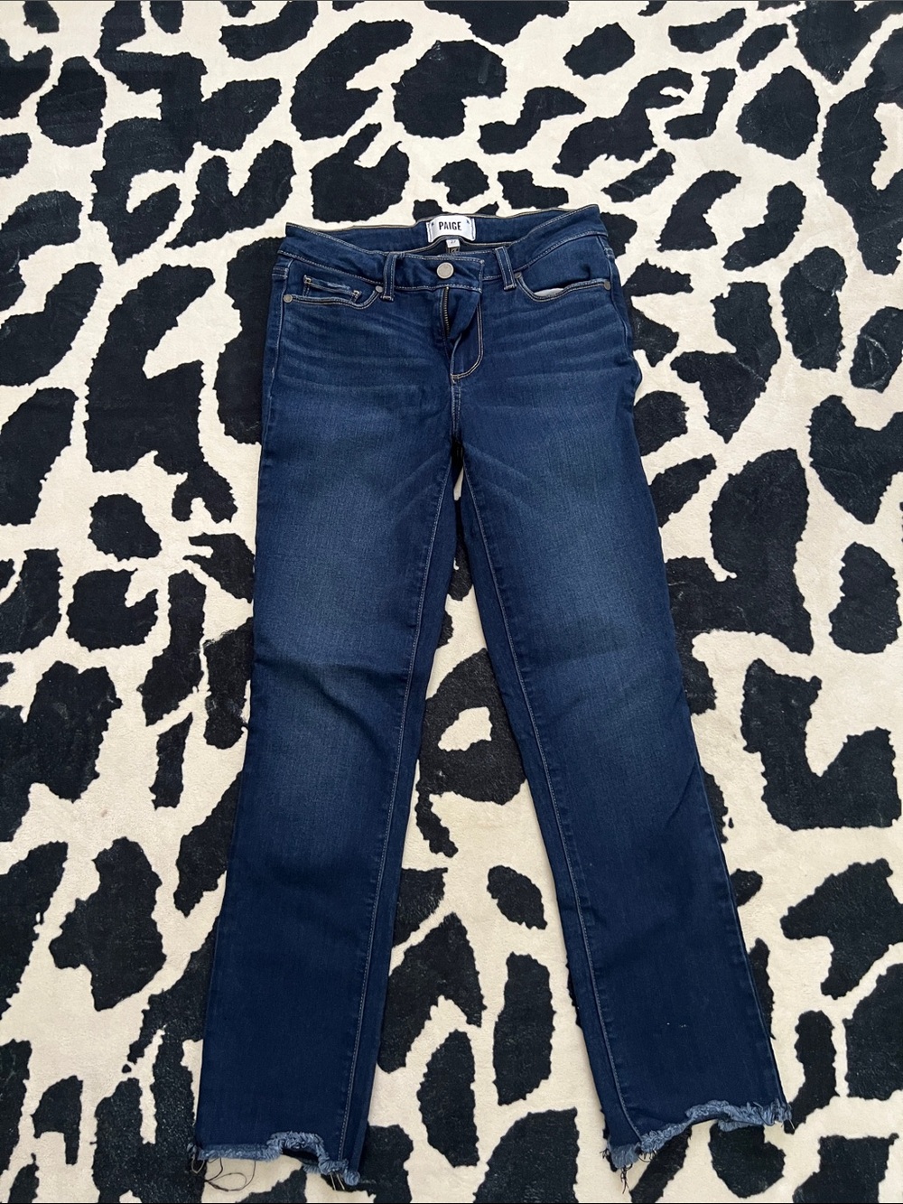 PAIGE Dark Indigo High Rise Straight-Leg Jeans, Raw Ankle Hem. Extra stretchy